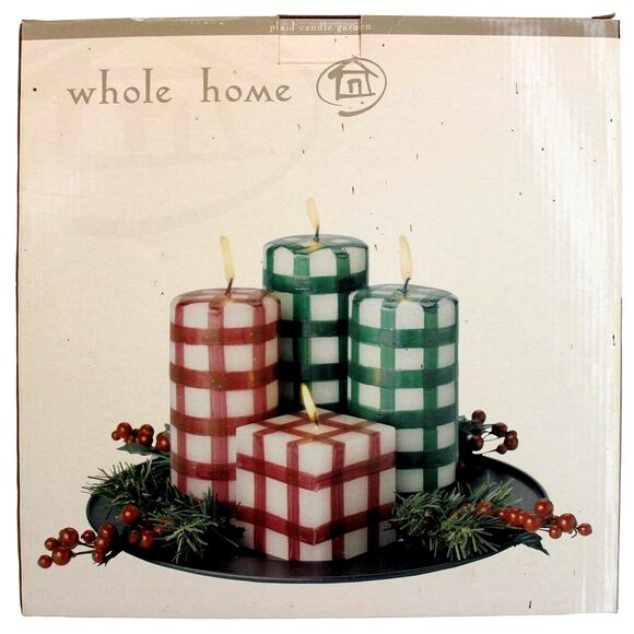 4 Holiday Candles Décor Sears Whole Home • Red & Green Plaid • On Tray • Holly - Picture 2 of 10